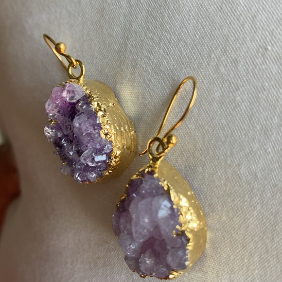 Purple Geode Druzy amethyst crystal gold plated earrings - Picture 11 of 12